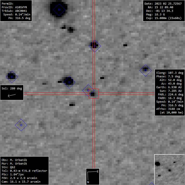 Kométa C/2023 A3 (Tsuchinshan-ATLAS) z 25.02.2023, 18:51 SEČ,  v tom čase ešte s označením A10SVYR. Foto: Marián Urbaník, Krajská hvezdáreň v Žiline